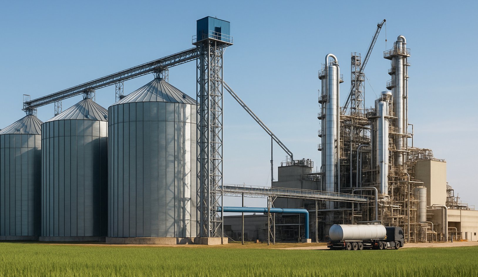 Ethanol distillery plant with grain silos requiring ZLD compliance